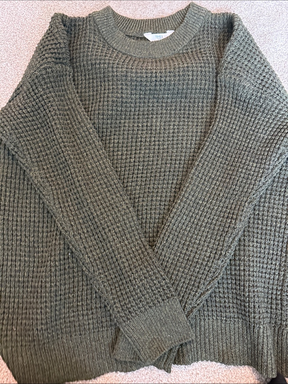 Time and Tru Olive Green Waffle Knit Crewneck Sweater